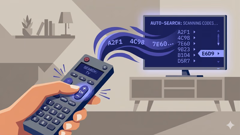 Universal remote auto-search mode cycling through Haier TV codes via Channel Up button presses