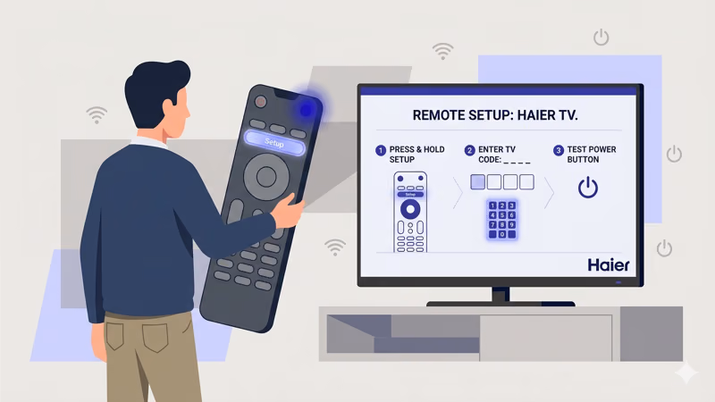 Universal remote programming steps for Haier TV showing Setup button and code entry process
