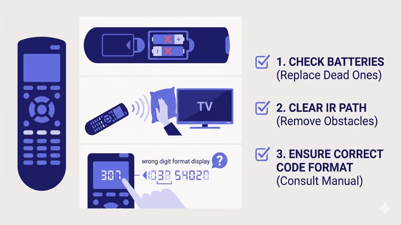 Haier TV universal remote troubleshooting tips showing battery check and IR signal path