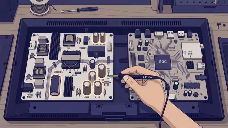 Haier TV internal board layout showing power supply, main board, and T-con locations