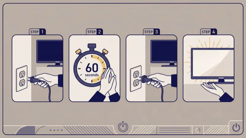 Step-by-step diagram showing how to power cycle a Haier TV correctly