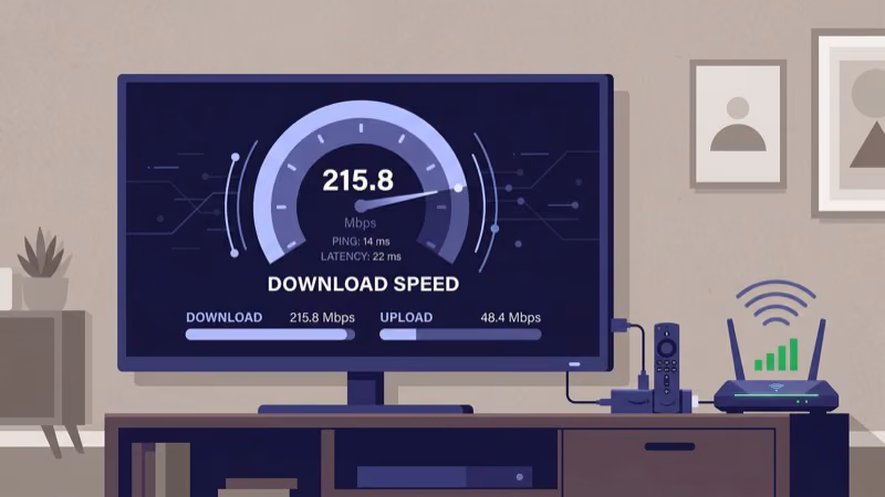 Network speed test running on Fire TV Stick with Wi-Fi router