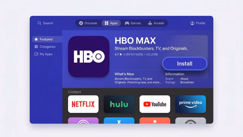 Max app listing in Apple TV App Store ready to download and install