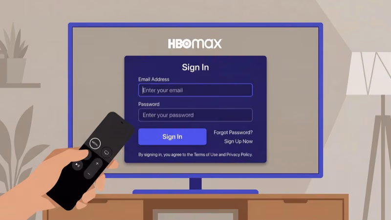 Max app sign-in screen on Apple TV showing email and password entry fields