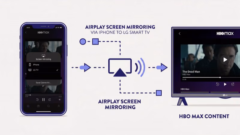 iPhone displaying AirPlay icon in Max app to mirror content on LG OLED smart TV
