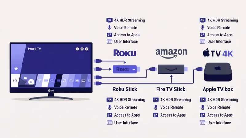 Roku Express and Fire TV Stick streaming devices plugged into LG TV HDMI port running Max