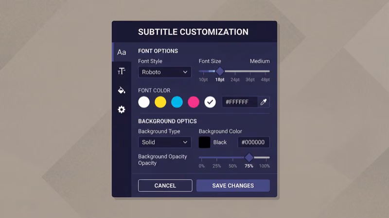 Max app caption customization panel showing font size color and background controls