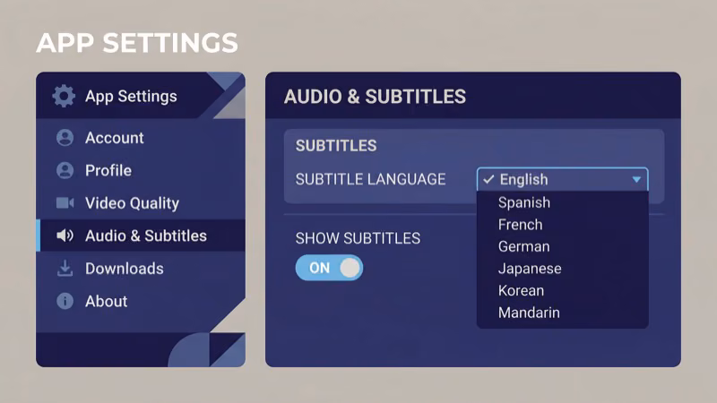HBO Max subtitle settings menu showing language selection on streaming device