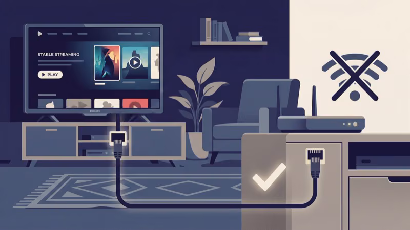 Ethernet cable plugged into Philips TV port for stable wired internet connection