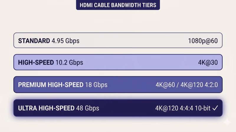 HDMI cable bandwidth tiers chart: Standard 4.95Gbps, High-Speed 10.2Gbps, Premium 18Gbps, Ultra High-Speed 48Gbps for 4K@120Hz