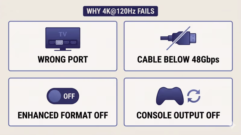 Four-cause grid: wrong HDMI port, cable below 48Gbps, Enhanced Format toggle off, console output toggle off