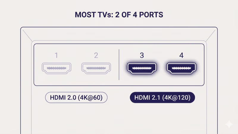 TV back panel showing 4 HDMI ports: 1 and 2 are HDMI 2.0 (4K@60), 3 and 4 are HDMI 2.1 (4K@120)