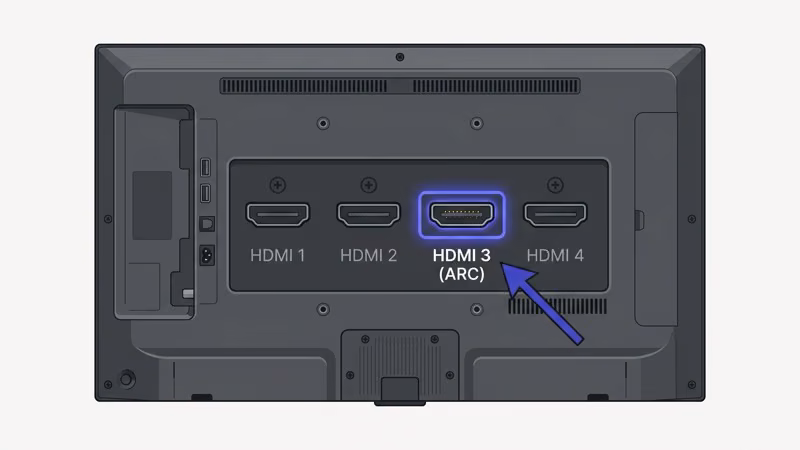TV back panel showing four HDMI ports with the ARC port highlighted in indigo