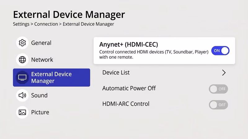 Samsung TV External Device Manager settings showing Anynet+ HDMI-CEC toggle enabled