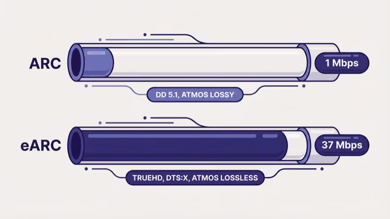 Bandwidth comparison showing HDMI ARC at 1 Mbps and eARC at 37 Mbps with audio format capacity