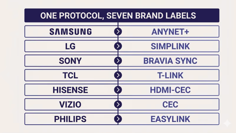 Brand-to-CEC label mapping: Samsung Anynet+, LG SimpLink, Sony BRAVIA Sync, TCL T-Link, Hisense, Vizio, Philips