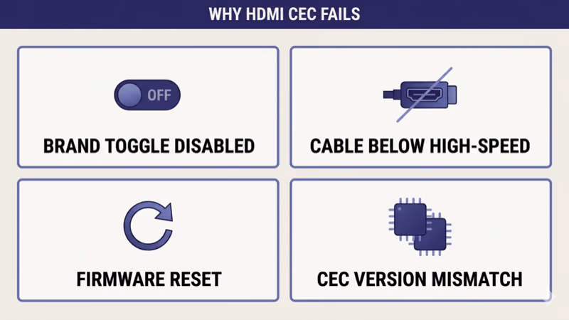Four-cause grid: brand toggle disabled, cable below high-speed spec, firmware reset, CEC version mismatch