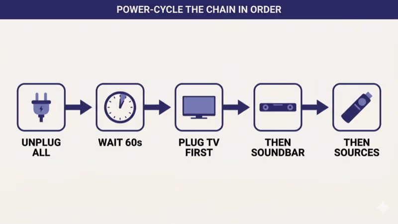 Power-cycle order flowchart: unplug all, wait 60 seconds, plug TV first, then soundbar, then sources