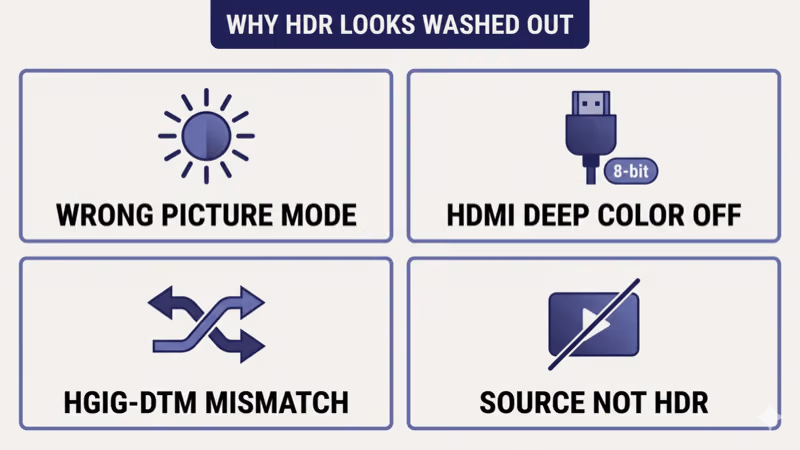 Four-cause grid: wrong picture mode, HDMI Deep Color off, HGIG-DTM mismatch, source not HDR