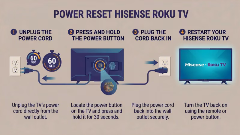 Hisense Roku TV power cord unplugged from wall outlet during 60-second reset