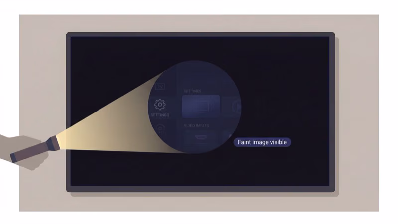 Flashlight shining at Hisense TV black screen to detect faint T-CON board image