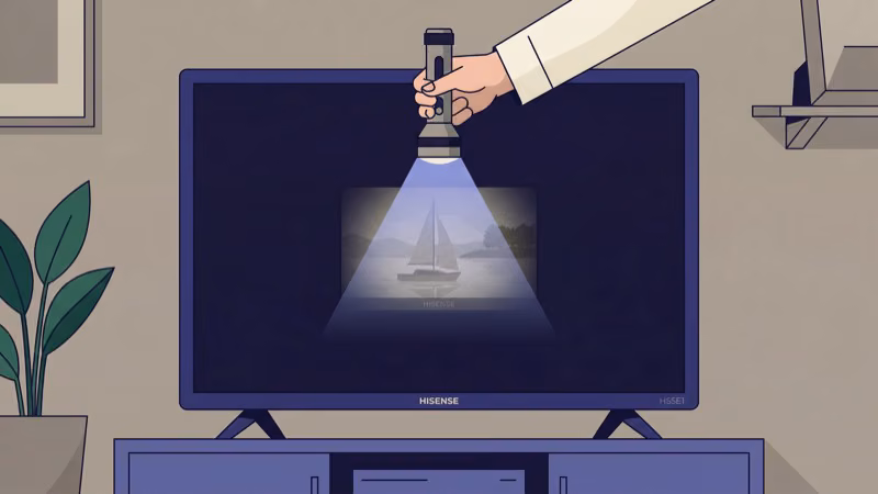 Flashlight test on dark Hisense TV screen to check backlight