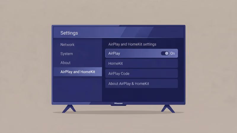 Hisense TV settings menu showing AirPlay and HomeKit toggle being enabled