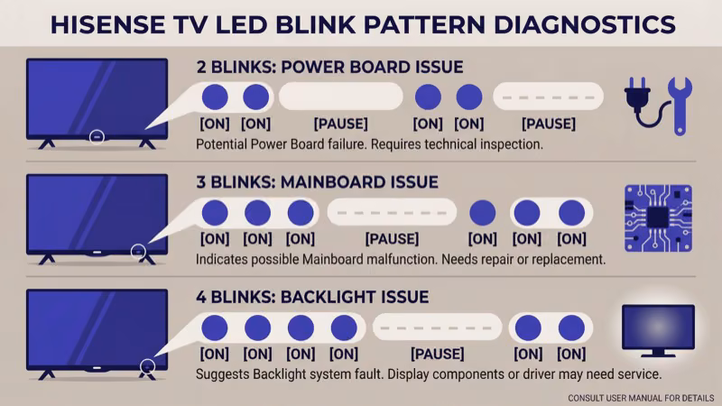 Hisense TV red LED blink pattern codes diagram showing 2 3 and 4 blink meanings