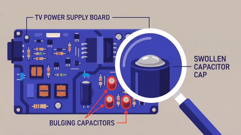 Hisense TV power supply board with swollen capacitors highlighted for inspection