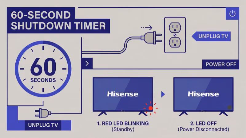 Hisense TV power cord unplugged from wall outlet during 60-second power cycle reset