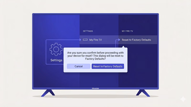 Fire TV edition factory reset screen with Settings My Fire TV reset confirmation dialog