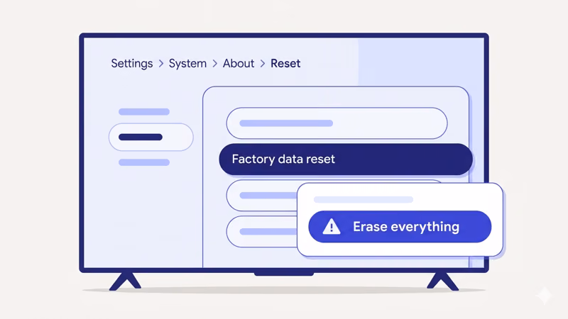 Google TV factory reset menu showing Settings System About Reset navigation path