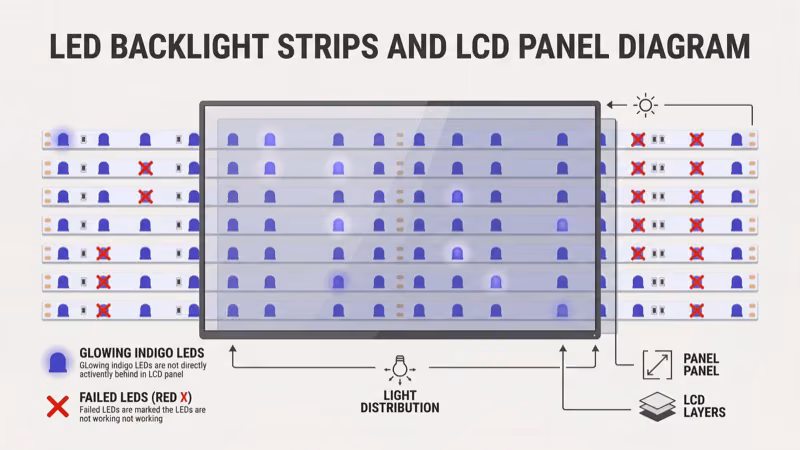 Hisense TV LED backlight strips exposed inside panel showing cracked solder joints