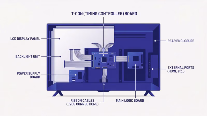 Hisense TV T-Con board removed from rear panel showing ribbon cable connectors