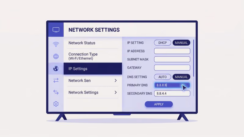 Hisense TV network settings screen with DNS fields set to Google 8.8.8.8 and Cloudflare 1.1.1.1