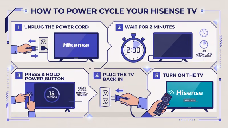 Hisense TV power cord being unplugged from wall outlet during 60-second power cycle