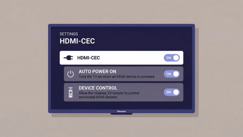 Hisense TV HDMI CEC settings menu with auto power toggles