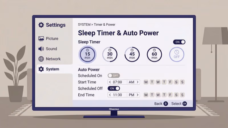 Hisense TV sleep timer and auto power schedule settings