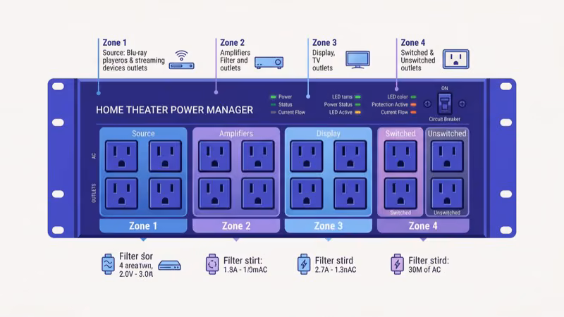 Home theatre power manager showing isolated outlet filter banks for AV equipment separation