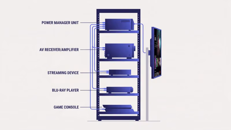 AV rack setup with power manager connected directly to wall outlet and components wired by bank
