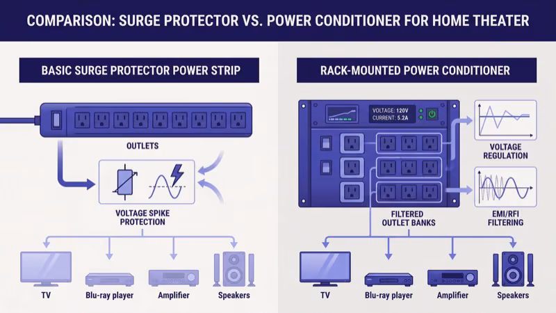 Surge protector versus power conditioner comparison showing joule ratings and filtering stages