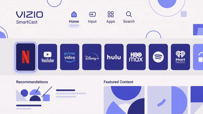 Vizio SmartCast home screen showing the app row with Netflix Disney Plus and Hulu