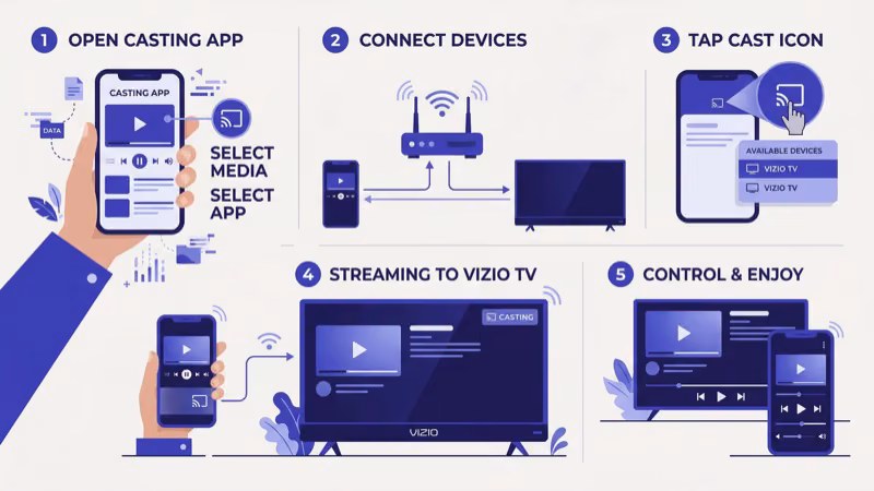 Smartphone displaying cast icon sending video to a Vizio SmartCast TV via Chromecast