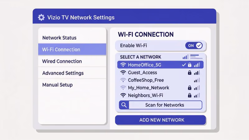 Vizio SmartCast TV Network settings screen for connecting to a Wi-Fi network