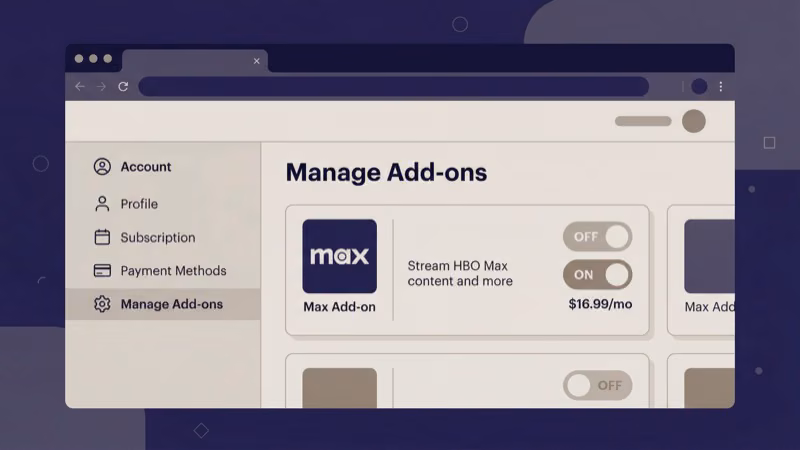 Hulu account add-ons page showing HBO Max subscription option