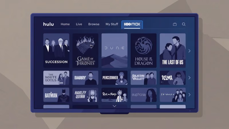 HBO Max content library browsing within Hulu app interface