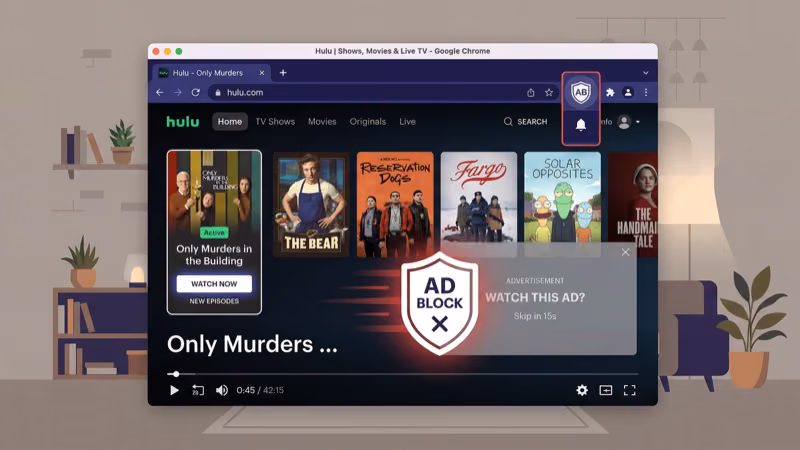 uBlock Origin browser extension blocking Hulu ads on desktop Chrome browser