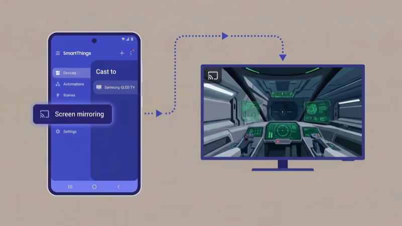 Samsung SmartThings app Mirror Screen option mirroring Meta Quest 2 gameplay to Samsung TV