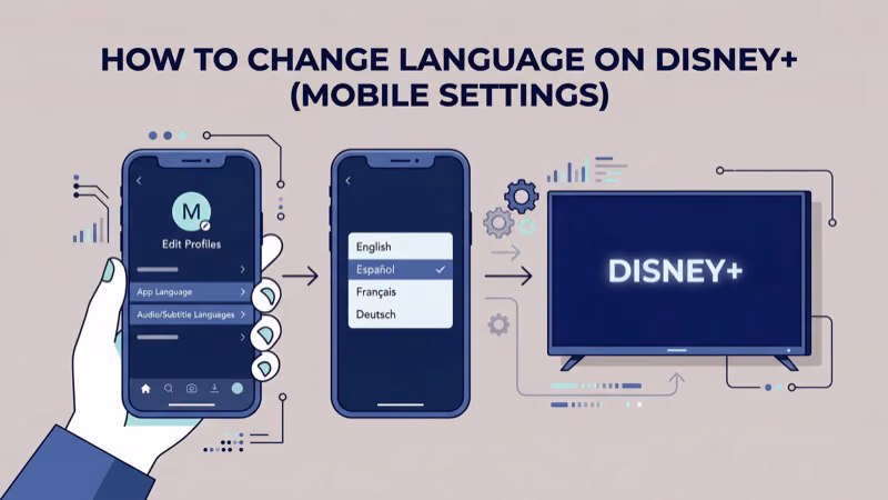 Disney Plus mobile app language settings showing audio and subtitle options