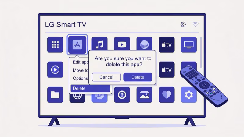 LG webOS Home screen with app icon highlighted showing X delete option above it